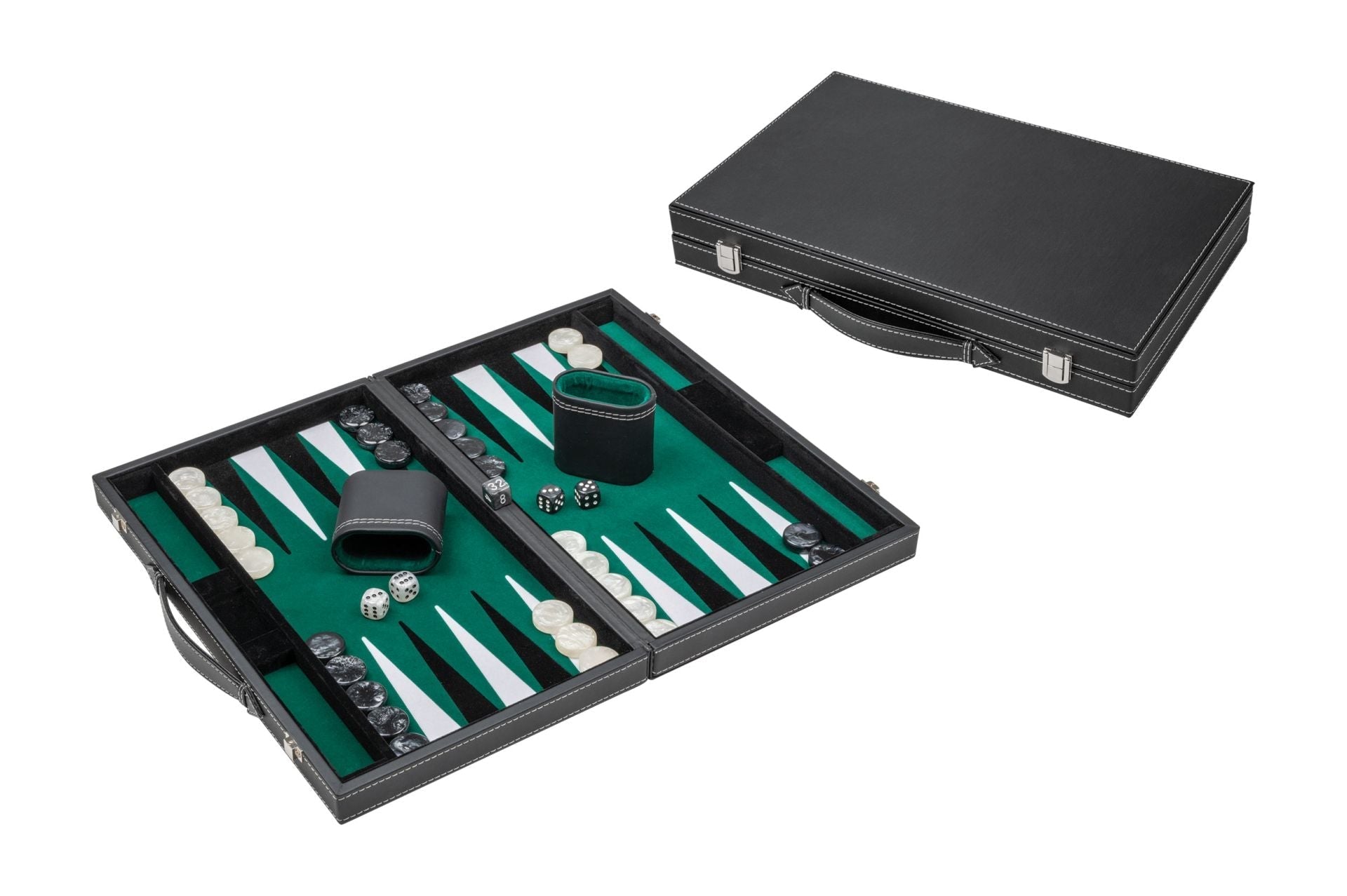 Backgammon Set - Black Faux Leather, Green Felt Interior